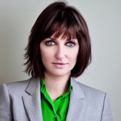 Prompt: brunette woman, short messy hair, business suit, bright green eyes