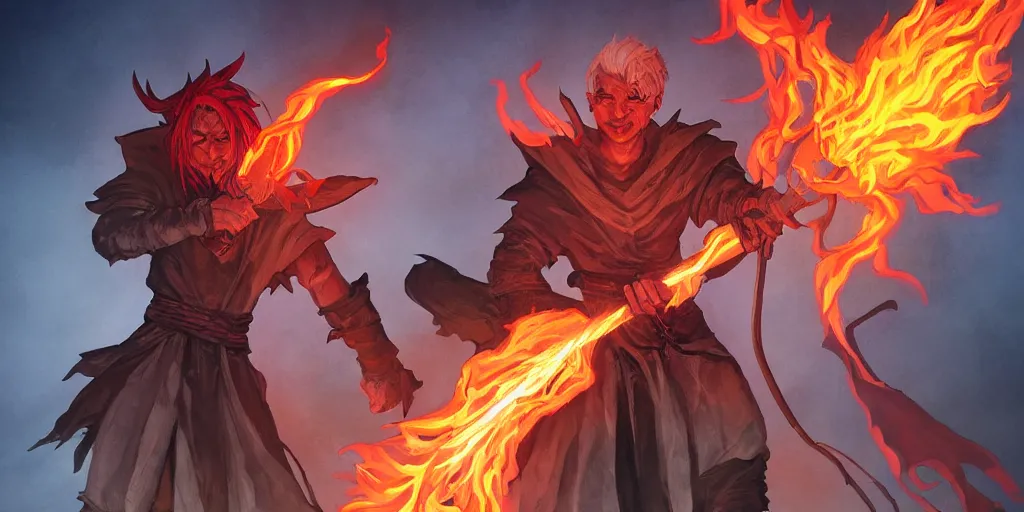 Image similar to dungeons and dragons official art of male fire genasi wizard with pitch black skin, flaming red hair, glowing orange eyes, wearing black wizard robes, smug smile, holding a wooden staff, official print, book cover art