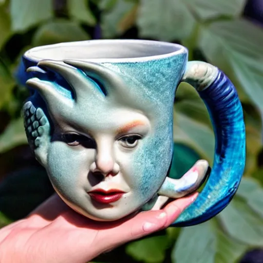 Prompt: a ceramic mug sculpted to be a mermaid