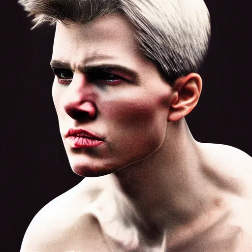 Image similar to realistic expired kodak film portrait of albino tom cruise, hyperrealism, photorealistic, detailed, atmospheric, 8 k, award winning photography, cinematic