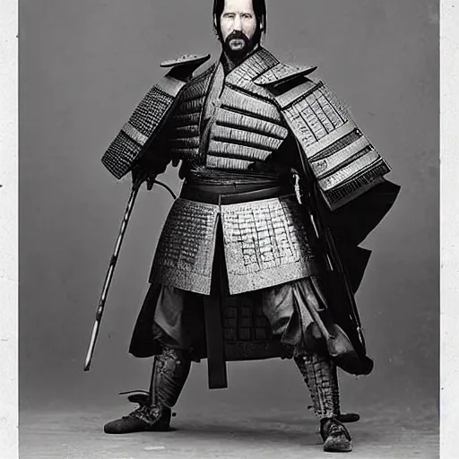 Image similar to “john wick in full samurai armour, 1900’s photo”