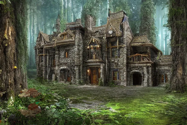 Image similar to photograph of a fantasy style woodland mansion with cogwheeled mechanic doors in an ancient forest