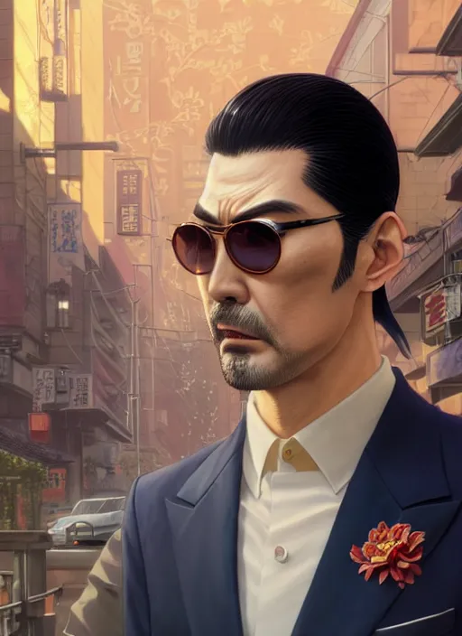 Image similar to highly detailed portrait of yakuza 0's goro majima, stephen bliss, unreal engine, greg rutkowski, loish, rhads, beeple, makoto shinkai and lois van baarle, ilya kuvshinov, rossdraws, tom bagshaw, tom whalen, alphonse mucha, global illumination, god rays, detailed and intricate environment