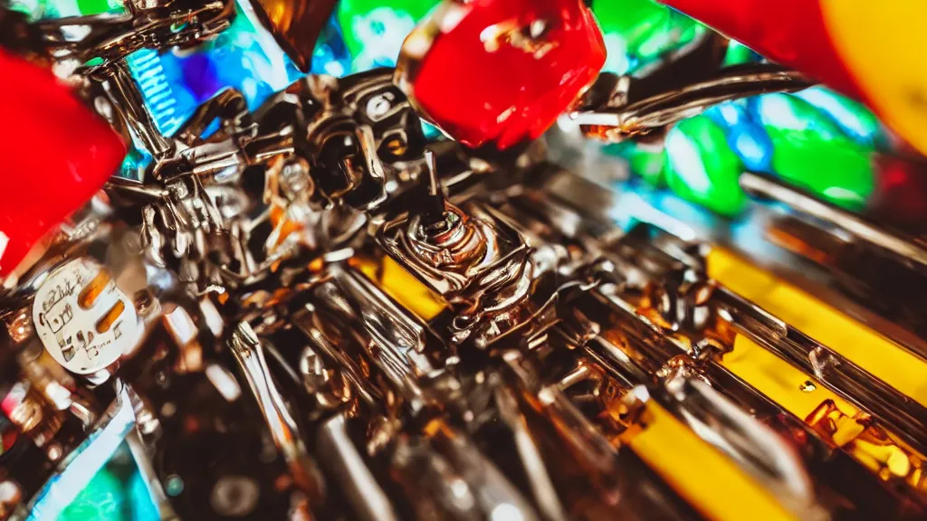 Prompt: up-close shot of a pachinko machine and hands, anime style, yellow red green and brown