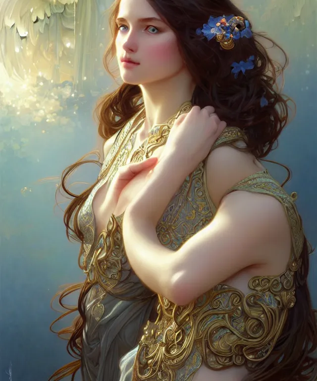 Image similar to young goddess, portrait, blue eyes, beautiful face, long hair, fantasy, ornamental, intricate, elegant, sensual, highly detailed, digital painting, artstation, concept art, smooth, sharp focus, illustration, art by artgerm and Greg Rutkowski and Alphonse Mucha