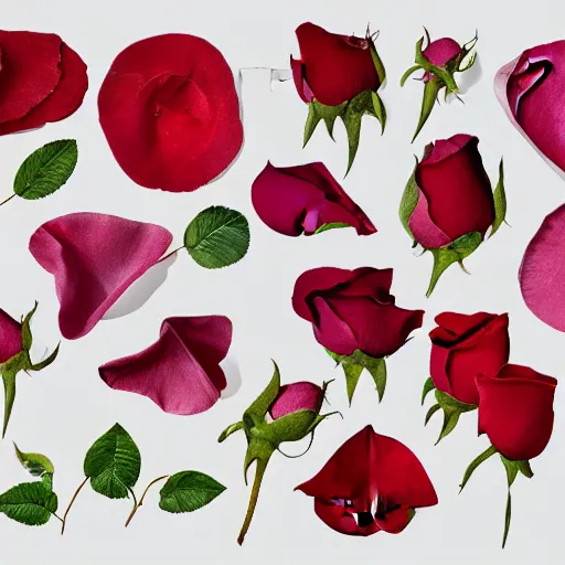Image similar to various kinds of separate rose petals, botanical illustration, white background, 8 k