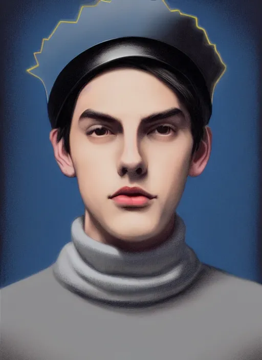 Image similar to portrait of teenage jughead jones wearing a light grey crown, crown, blue turtleneck, 1 9 5 0 s, closed eyes, photorealistic, black hair, glowing lighting, intricate, elegant, glowing lights, highly detailed, digital painting, artstation, concept art, smooth, sharp focus, illustration, art by wlop, mars ravelo and greg rutkowski