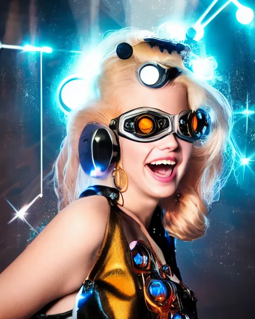 Prompt: centered portrait photo of amused young anna nicole smith as a solarpunk mecha humanoid robotic parts wearing goggles with bright lights, real human face, pudica pose, inside white room, ultra - realistic and detailed, 8 k