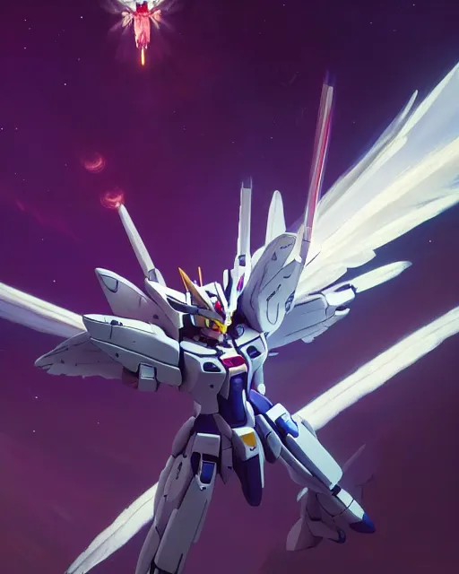 Prompt: highly detailed vfx portrait of an angel wings gundam with wings of feathers beam saber fighting in space with a beam gun, unreal engine, greg rutkowski, loish, rhads, beeple, makoto shinkai and lois van baarle, ilya kuvshinov, rossdraws, tom bagshaw, alphonse mucha, global illumination, detailed and intricate environment