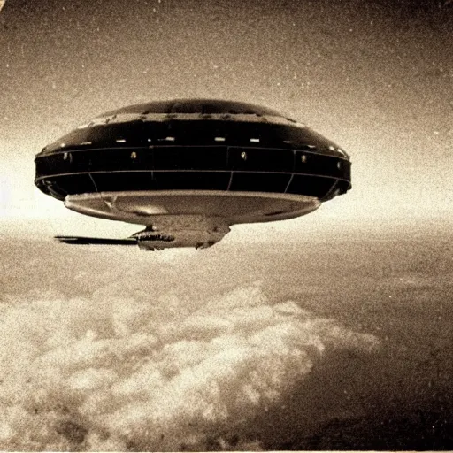 Prompt: a ufo seen from an aeroplane, vintage photo, old, grainy, sepia