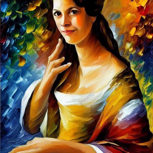 Image similar to portrait of a middle aged ancient noblewoman with a pretty face, brown skin and long brown hair. by leonid afremov