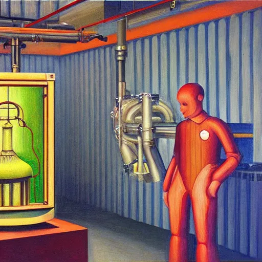 Image similar to power plant reaction chamber, robot repairmen, reactor core, grant wood, pj crook, edward hopper, oil on canvas