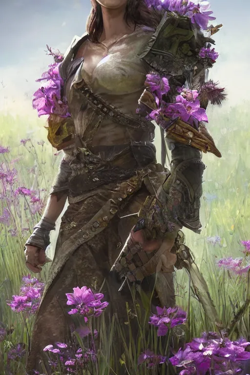 Prompt: A high fantasy female dnd ranger standing in the middle of the field of flowers by Eddie Mendoza face close up official media beautiful detailed high quality