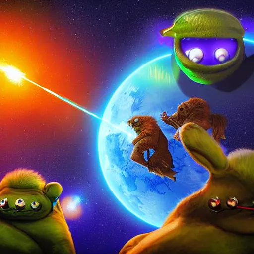 Image similar to laser war between funny creatures on a planet, digital art, award winning 4K