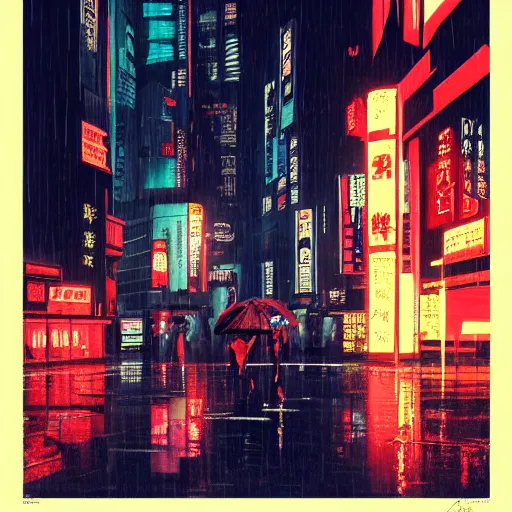 Image similar to high detailed lost soul in cyberpunk rainy city at night with a torii in the background by Syd Mead, high quality, 4K, UHD, trending on ArtStation, blade runner vibes, ghost in the shell, akira