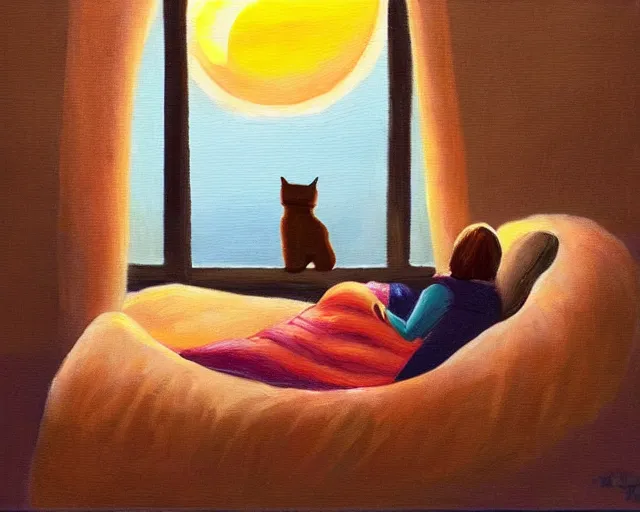 Image similar to a beautiful warm fuzzy painting of a woman curled up with a blanket, petting a cat who is purring with eyes closed. they are both sitting next to a window watching the sun set in winter.