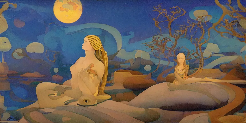 Prompt: a magnificently serene rendering of esoteric ephemera by adolf wolfli, nicholas roerich, jurgen ziewe, judson huss, and roger dean, photo realistic,