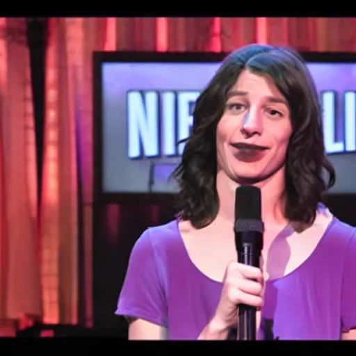 Prompt: film still of netflix comedy special. 3 2 - year - old, female short height, good - looking, standup comedian, skateboarder style, pale complexion, jewish and italian descent, fit, on stage, laughing, telling jokes. looks like amy nico schwartz.