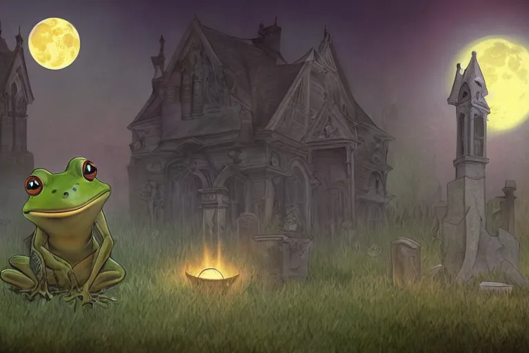 Image similar to an ultra detailed animation of a cartoon frog in a graveyard at midnight on halloween, digital art, dark fantasy, concept art, soulslike, by alphonse mucha, blood moon eclipse, ruined building in the background, artstation, 8 k, unreal engine render