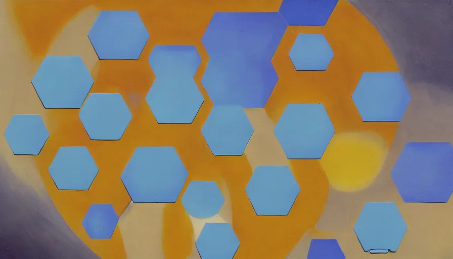 Image similar to hexagon shields, floating in space, blocking the sun, art deco painting