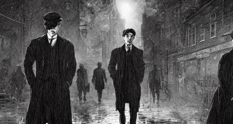 Prompt: Peaky Blinders manga, moody lighting, smoky atmosphere, gritty Edwardian background. Hoshino Yukinobu, Saito Takao, Hoshino Yukinobu