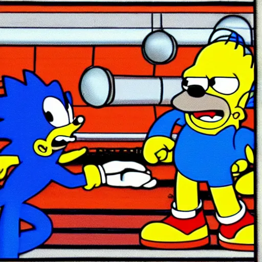 Image similar to sonic punches homer simpson while bart shoots at sonic.