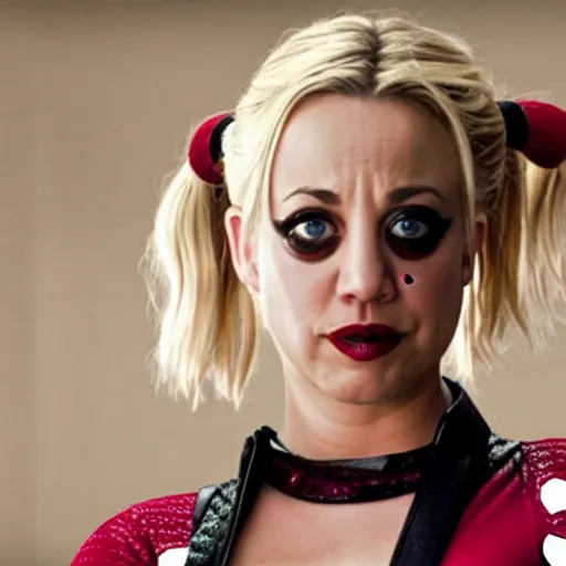 Image similar to A still of Kaley Cuoco as Harley Quinn