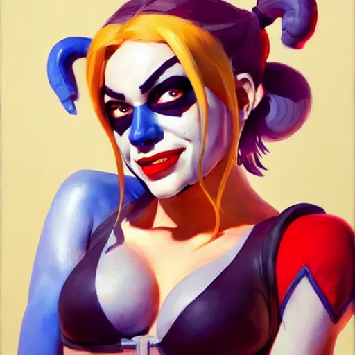 Image similar to greg manchess portrait painting of harley quinn as overwatch character, medium shot, asymmetrical, profile picture, organic painting, sunny day, matte painting, bold shapes, hard edges, street art, trending on artstation, by huang guangjian and gil elvgren and sachin teng