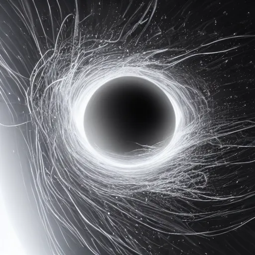 Prompt: a ball of spaghetti collapsing in a black hole, hd photography 8k science