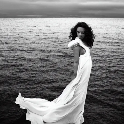 Image similar to A beautiful woman. the most beautiful woman. beautiful woman stock photo. award winning. young beautiful woman. melancholic. in the middle of the ocean. detailed. photorealism. granular photography. tumultuous sea. cloudy. long wavy hair. long wavy white dress. black and white. 24mm lens. shutter speed 4/1. iso 100. f/2.8 W-1024