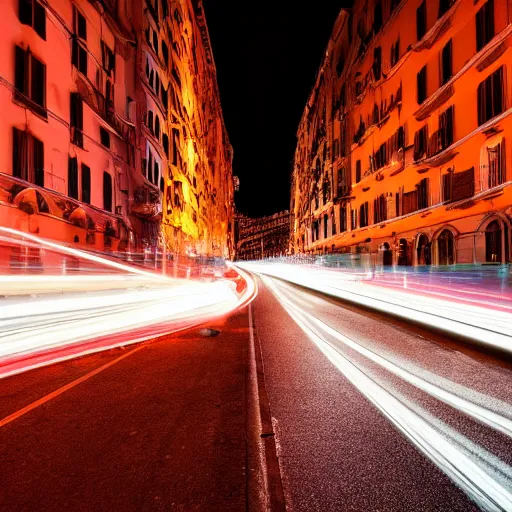 Prompt: long exposure of the cars in genoa at night. genova. street. night. neon lines. cars. nostalgic.