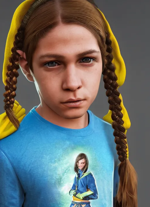 Image similar to An epic fantasy comic book style portrait painting of a young green-eyed feminine boy, fair skin, long brown hair worn in two pigtails, with his left pigtail being shorter than his right, he wears a yellow hoodie with a grey undershirt, unreal 5, DAZ, hyperrealistic, octane render, cosplay, RPG portrait, dynamic lighting