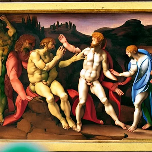 Image similar to michelangelo painting of The Creation of Adam except The hand on the left is a green alien hand with three thin fingers