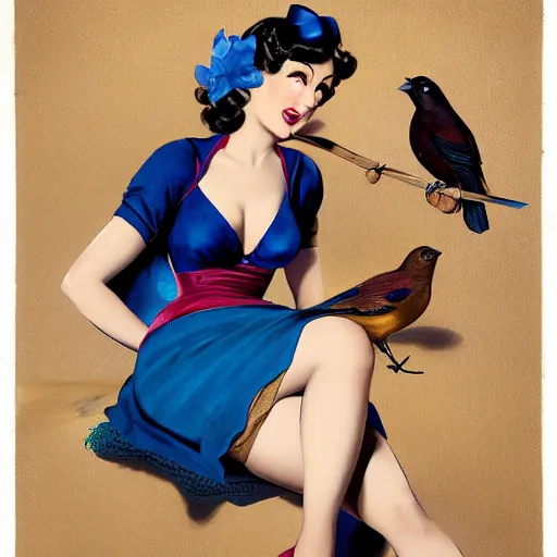 Image similar to portrait of a pinup girl holding an indigo bunting, bird, the bird is wearing a bowtie, by greg rutkowski, rossdraws, gil elvgren, enoch bolles, anime, porcelain skin, very coherent