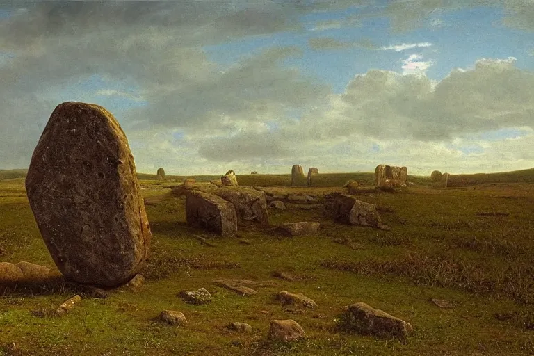 Prompt: runestone on a field with trees in the distance, runic inscription, ancient writing, megalithic, monument, nature, hills, focused, centered, very detailed, norse, scandinavia, history, oil painting, Albert Bierstadt