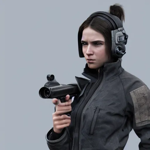 Prompt: photograph of a techwear mixed young woman holding a Gun, detailed, artstation, concept art, Unreal Engine 5 render, 8K