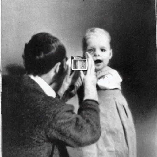 Prompt: painting of beard grandpa taking a photo to a baby girl, by lazlo moholy nagy moholy