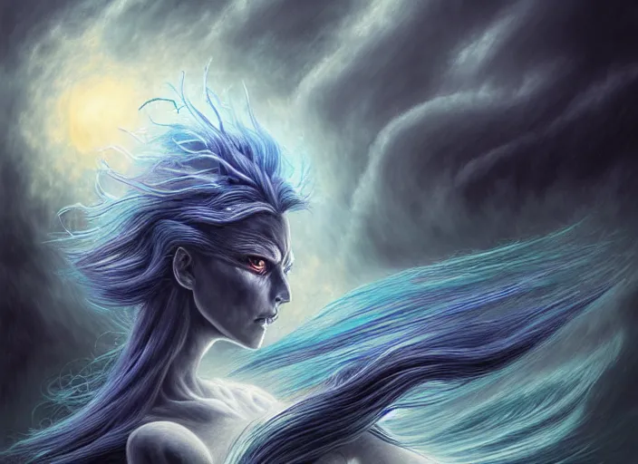 Image similar to realistic detailed image of a Norse Goddess-dragon-cyborg, bluish hair blowing in an angry and stormy moody atmosphere, running wildly in her chariot, anime art, anime, impressionistic gothic, rich deep colors, inspired by H.R. Giger and Zdzislaw Beksinski and Mark Ryden, a masterpiece, matte painting, digital art, trending on artstation.