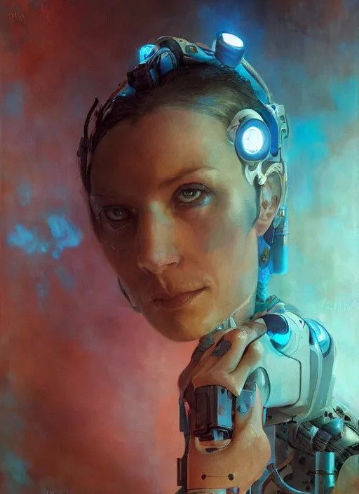 Prompt: portrait of a cyborg female scientist, cinematic light, looking to the side off camera, backlight glow, teal orange, mist, by gerald brom, by mikhail vrubel, by peter elson, muted colors, extreme detail, trending on artstation, 8 k