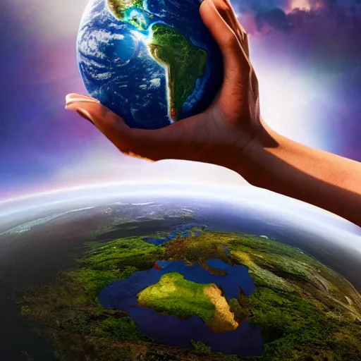 Image similar to Powerful god holding Earth in his hand, unimaginably huge, view from space, eautiful details, HDR, octane render