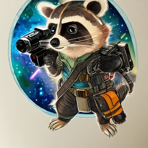 Image similar to racoon holding a laser gun, guardians of the galaxy style, centered award winning watercolor pen drawing, by caroline choi, edited by range murata