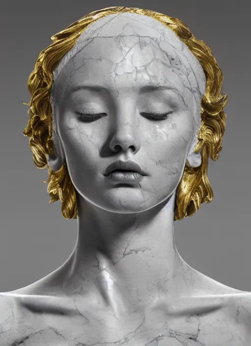 Image similar to a statue made of white marble with gold veins, of an beautiful gorgeous angel girl, full body shot, perfect symmetrical body, perfect symmetrical face, no eyes, hyper realistic, hyper detailed, fujicolor superia 1 6 0 0 photo, by johannen voss, by peter kemp, by monia merlo, by michelangelo octane render, blender, 8 k