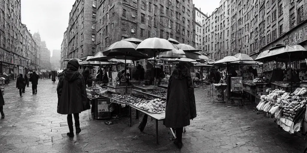 Image similar to medium shot of market stall with umbrellas : sadie sink in hoodie. in ruined square, pedestrians on both sides. steampunk tenements in background : 3 5 mm film, anamorphic, from schindler's list by steven spielberg. cyberpunk, cinematic atmosphere, detailed and intricate, perfect anatomy