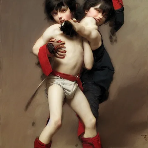 Image similar to twin brothers with black hair and blue eyes play fighting. Ruan Jia. JC Leyendecker. Karlkka