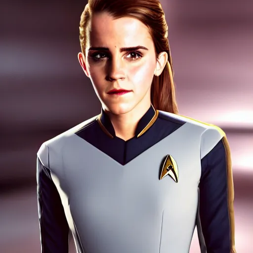 Prompt: a full body portrait of emma watson as a star fleet officer from star trek next generation, ultra rendered extreme realism and detail, 8 k, highly detailed, realistic, completely framed, hyper realistic, colorful, direct lighting, 3 5 mm photo, photorealistic, sharp focus