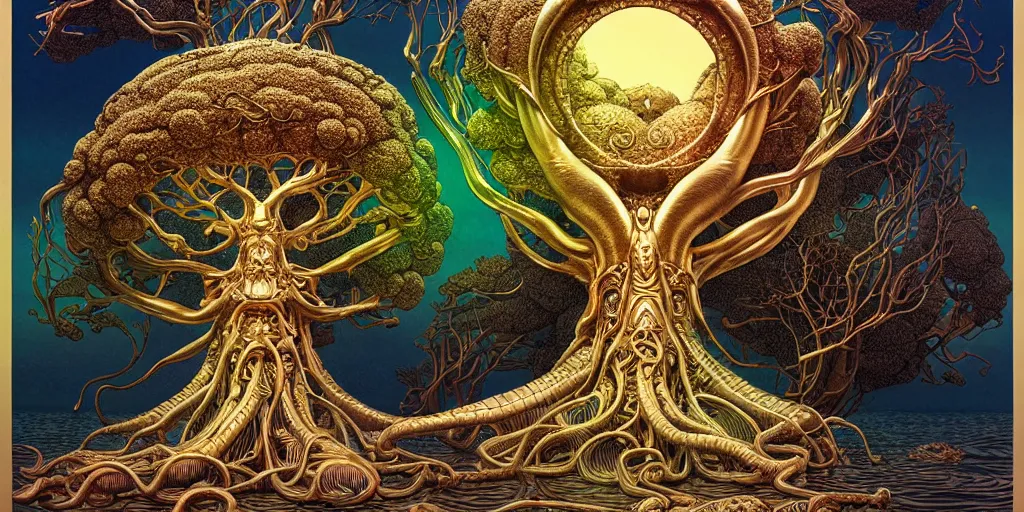 Image similar to ,ancient british tree god graphic illustration ocean life color palette detailed intricate gold linework + otomo, yoshitaka Amano, hiroshi yoshida, moebius, loish, artgerm, symmetrical and detailed 3d cycles render dusk Hdrmi