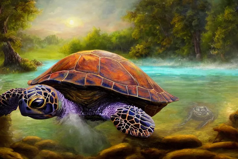 Image similar to highly detailed oil painting of a turtle man sitting in a steaming colorful hotspring with woodland forest backdrop, featured on artstation