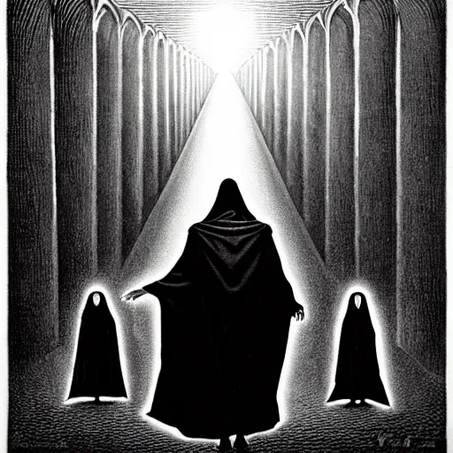 Image similar to the hooded messiah dressed in black robes leads his dark army towards the light, iconic, hero, silhouette, fantasy, epic, large scale, D&D, raphaelite, louvre