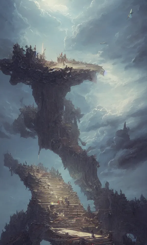 Image similar to endless book stairway to universe, sky full of clouds, art by greg rutkowski and peter mohrbacher, featured in artstation, octane render, cinematic, elegant, intricate, ultra detailed, rule of thirds, professional lighting, unreal engine, fantasy, concept art, sharp focus, illustration, 8 k