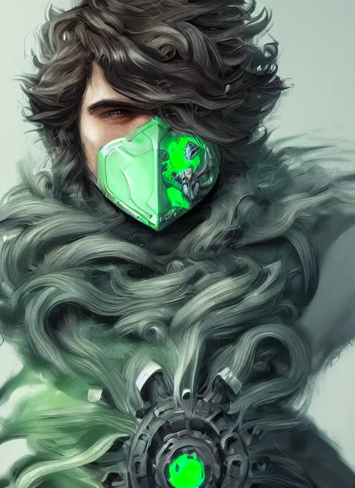 Prompt: a highly detailed illustration of young thick wavy messy haired guy wearing mechanical green face mask and brown noir coat, dramatic bored expression, intricate, elegant, highly detailed, centered, digital painting, artstation, concept art, smooth, sharp focus, league of legends concept art, wlop